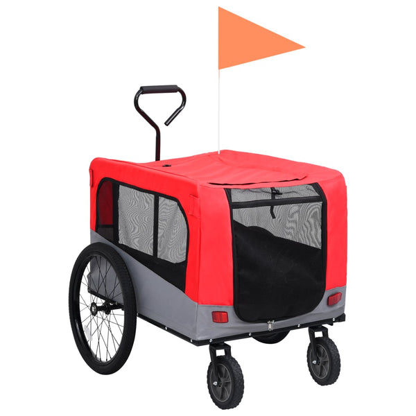 2-i-1 sykkeltilhenger og joggevogn for kjæledyr rød og grå