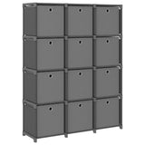 Displayhylle med 12 kuber og bokser grå 103x30x141 cm stoff