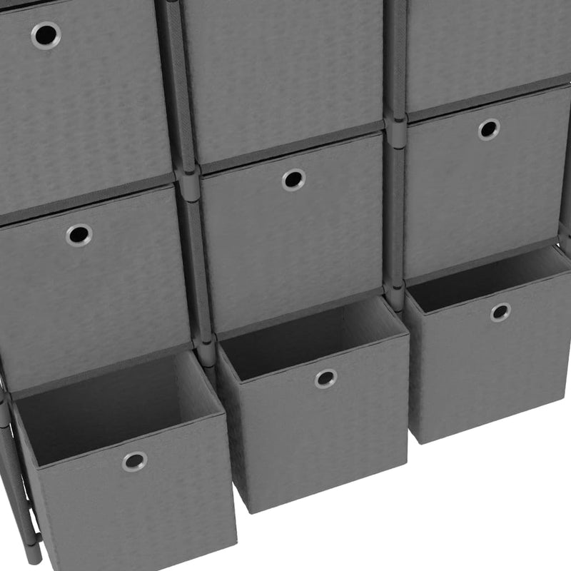Displayhylle med 12 kuber og bokser grå 103x30x141 cm stoff