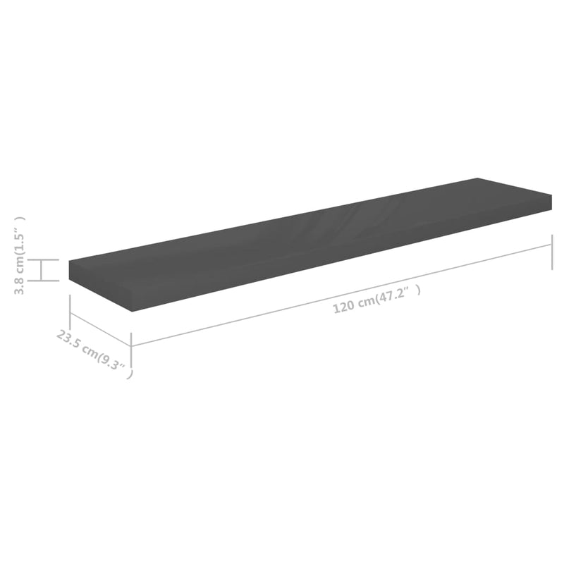 Flytende vegghylle høyglans grå 120x23,5x3,8 cm MDF