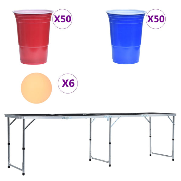 Sammenleggbart ølpongbord med kopper og baller 240 cm