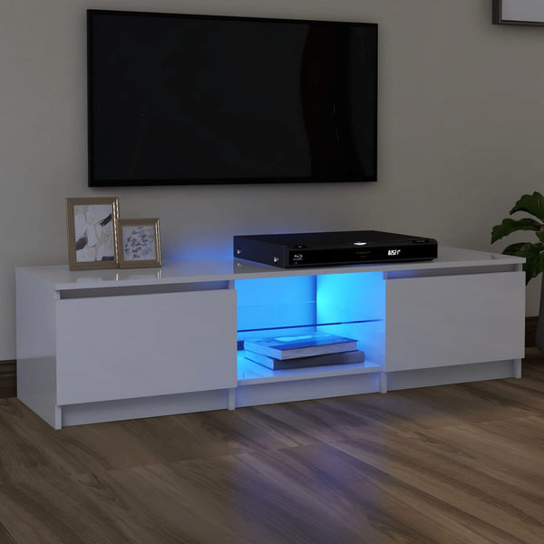 TV-benk med LED-lys høyglans hvit 140x40x35,5 cm