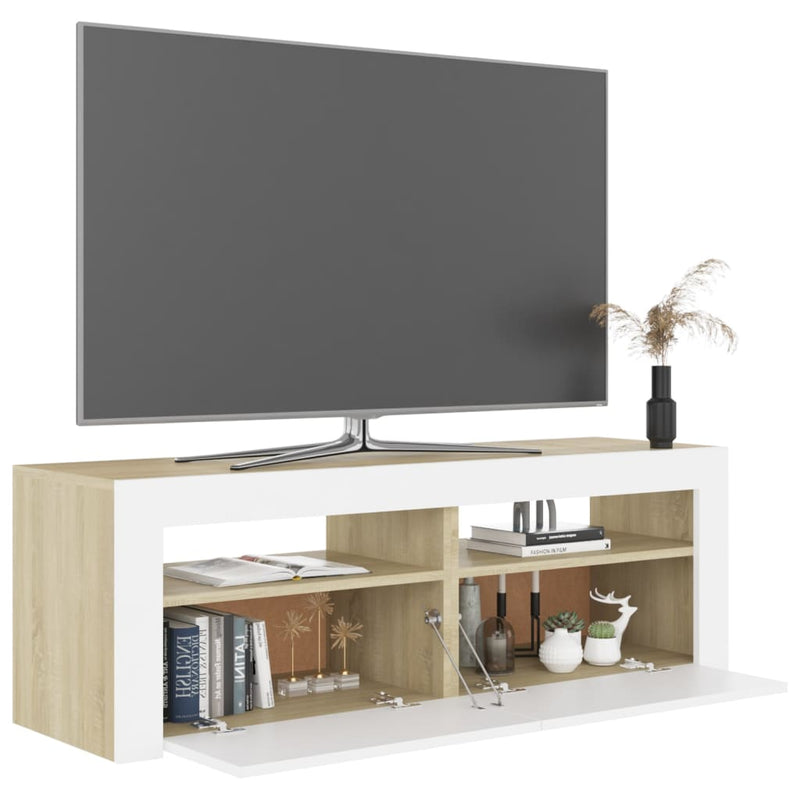 TV-benk med LED-lys hvit og sonoma eik 120x35x40 cm