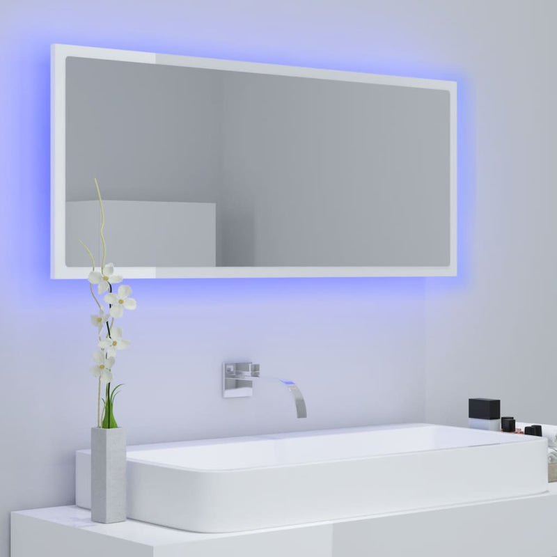 Baderomsspeil LED 100x8,5x37 cm sponplate høyglans hvit