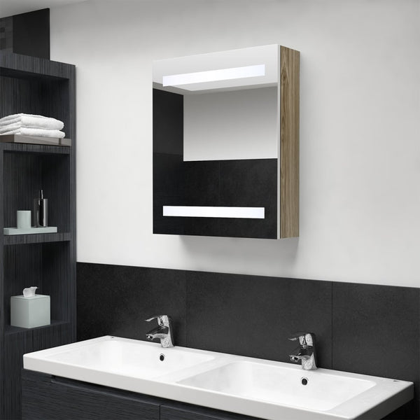 LED-speilskap til bad hvit og eik 50x14x60 cm