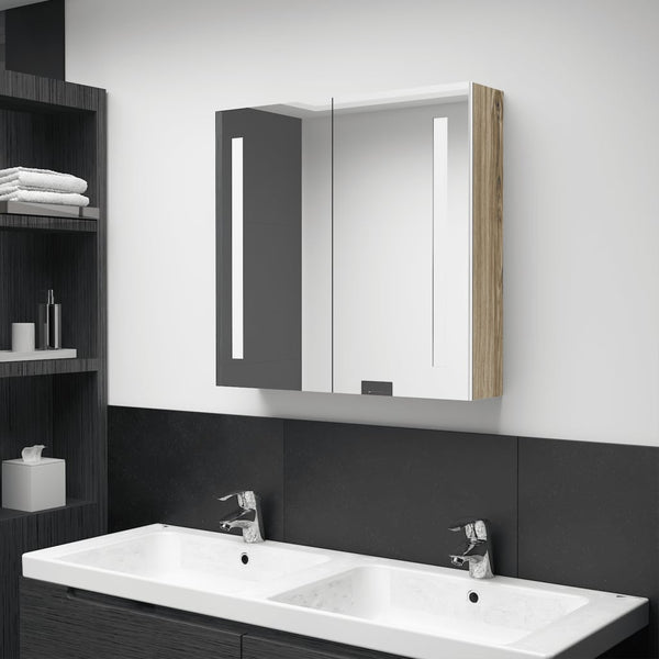 LED-speilskap til bad hvit og eik 62x14x60 cm