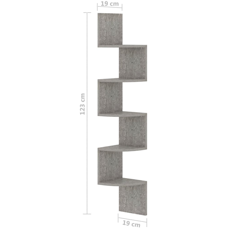 Veggmontert hjørnehylle 19x19x123 cm sponplate betonggrå