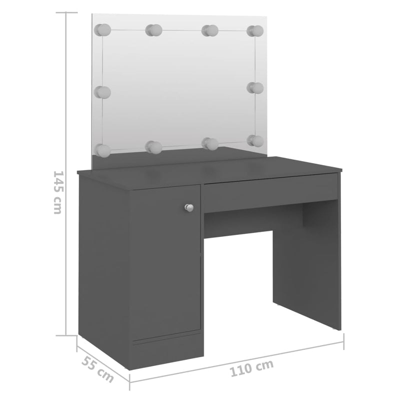 Sminkebord med LED-lys 110x55x145 cm MDF grå