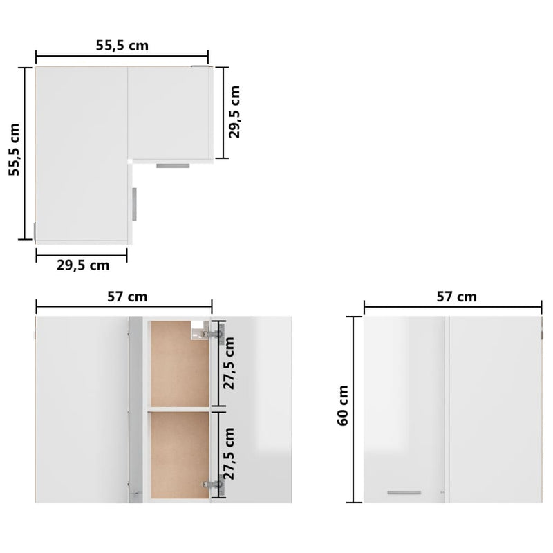 Hengende hjørneskap høyglans hvit 57x57x60 cm sponplate