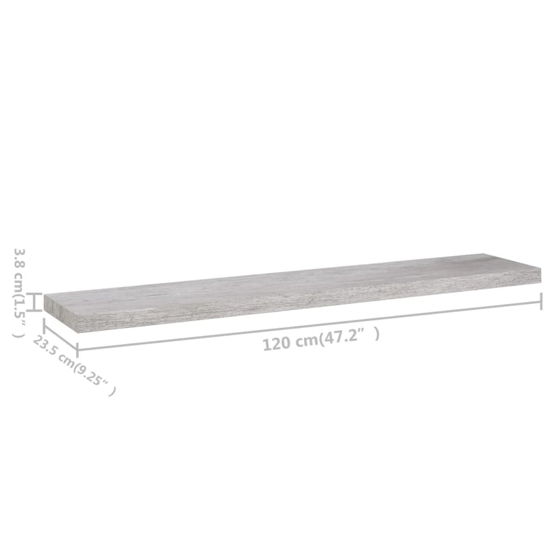 Flytende vegghylle betonggrå 120x23,5x3,8 cm MDF