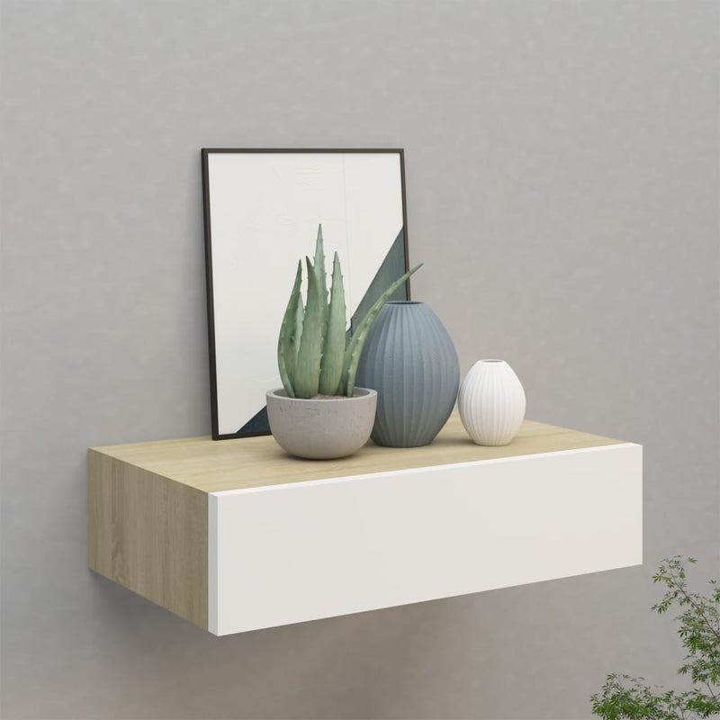 Veggmontert skuffehylle eik og hvit 40x23,5x10 cm MDF