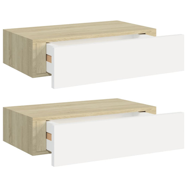 Veggmonterte skuffehyller 2 stk eik og hvit 40x23,5x10 cm MDF