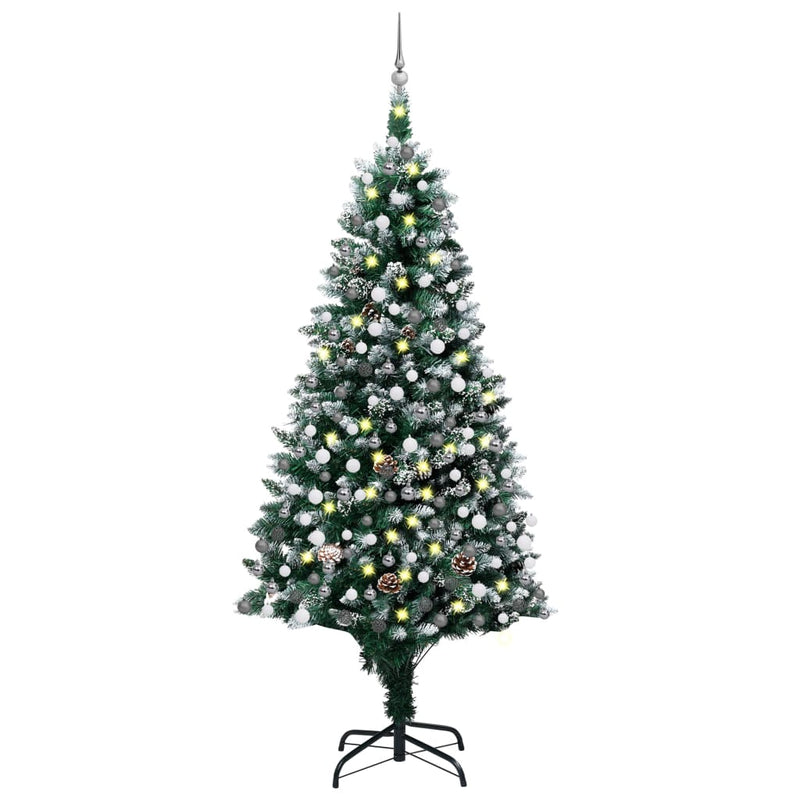 Kunstig juletre med LED og kulesett og furukongler 210 cm