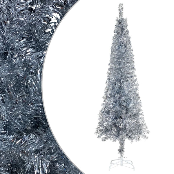 Slankt juletre med LED og kulesett sølv 150 cm