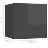 Nattbord 2 stk høyglans grå 30,5x30x30 cm sponplate