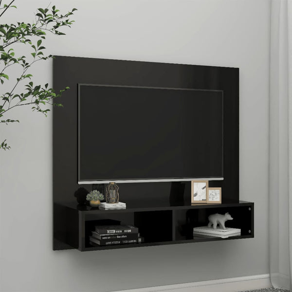 Veggmontert TV-benk høyglans svart 102x23,5x90 cm sponplate