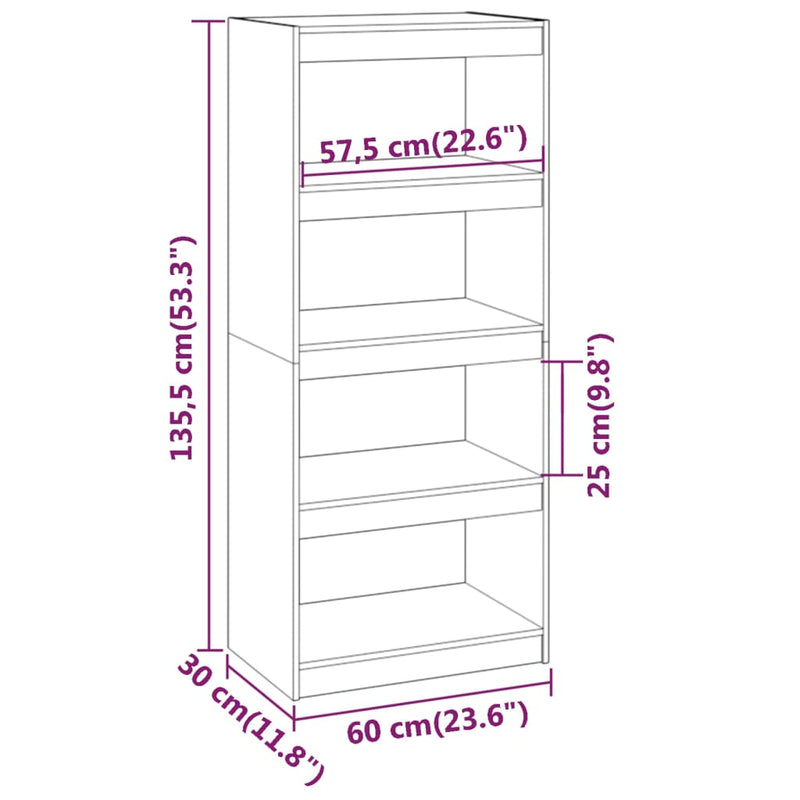 Bokhylle/romdeler hvit 60x30x135,5 cm heltre furu