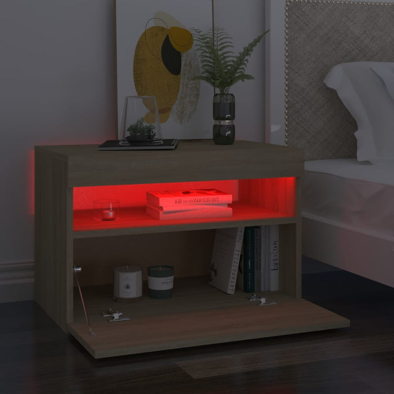 Nattbord med LED-lys sonoma eik 60x35x40 cm konstruert tre
