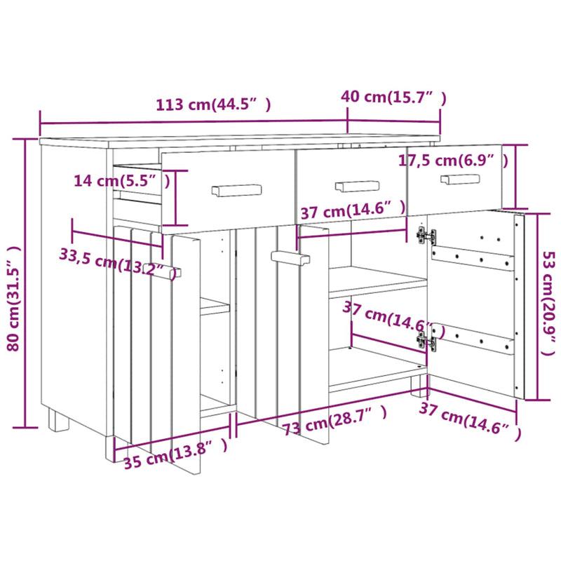 Skjenk hvit 113x40x80 cm heltre furu