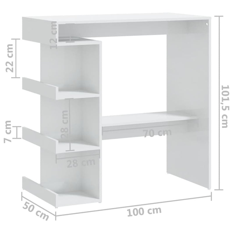 Barbord med oppbevaringsstativ høyglans hvit 100x50x101,5 cm