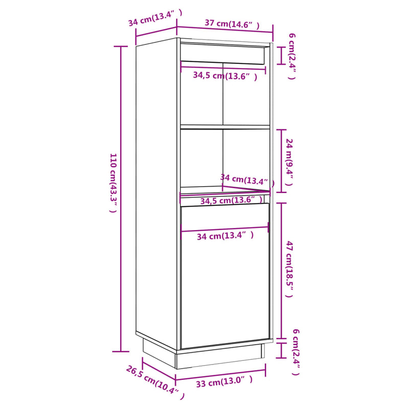 Highboard hvit 37x34x110 cm heltre furu