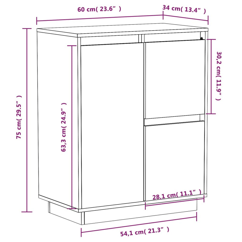 Skjenk hvit 60x34x75 cm heltre furu