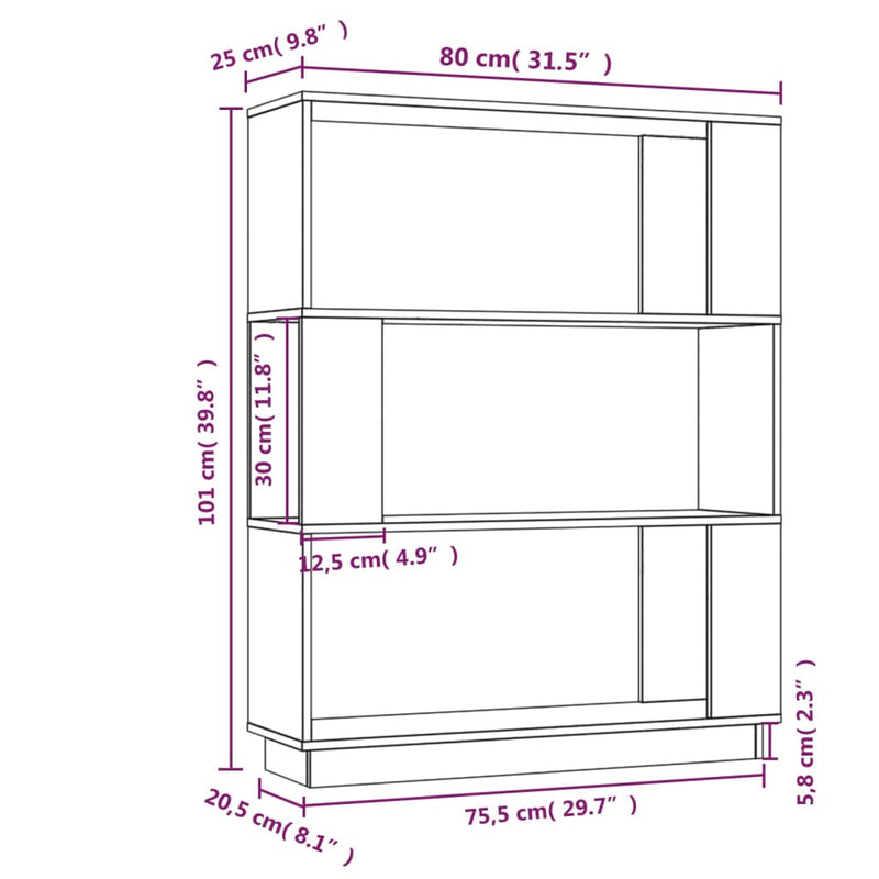 Bokhylle/romdeler hvit 80x25x101 cm heltre furu