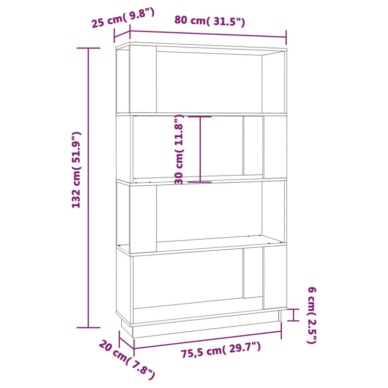 Bokhylle/romdeler hvit 80x25x132 cm heltre furu