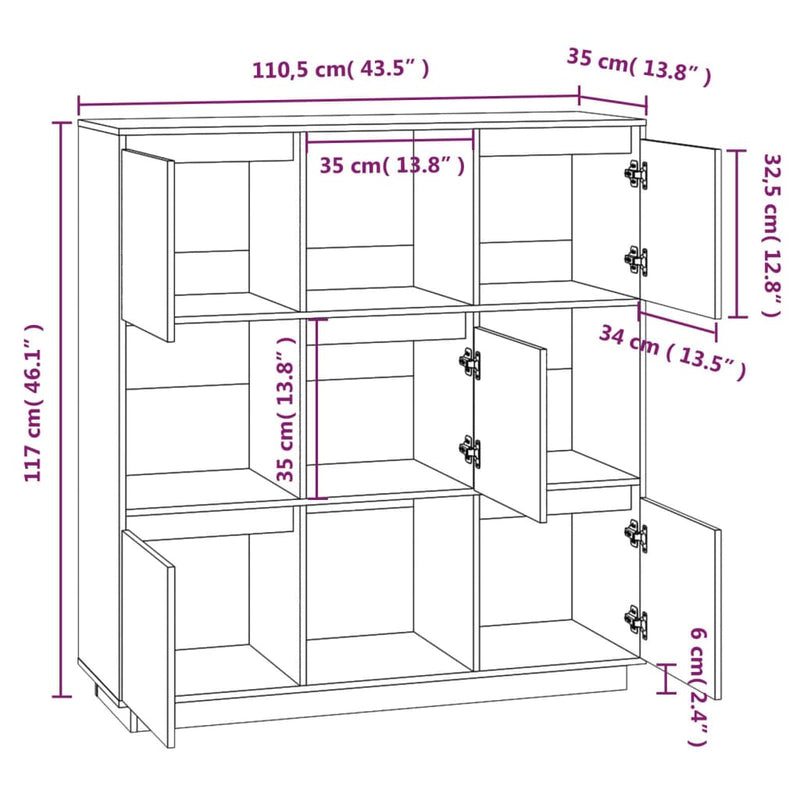 Highboard svart 110,5x35x117 cm heltre furu