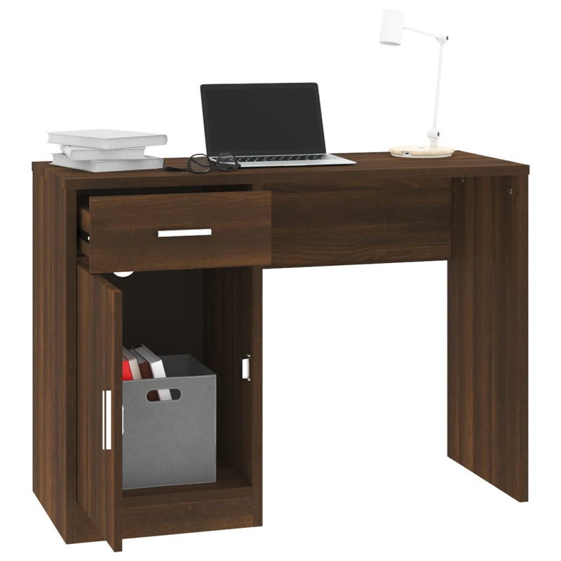 Skrivebord skuff og skap brun eik 100x40x73 cm konstruert tre