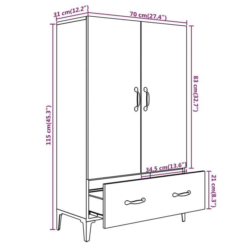 vidaXL Highboard høyglans hvit 70x31x115 cm konstruert tre