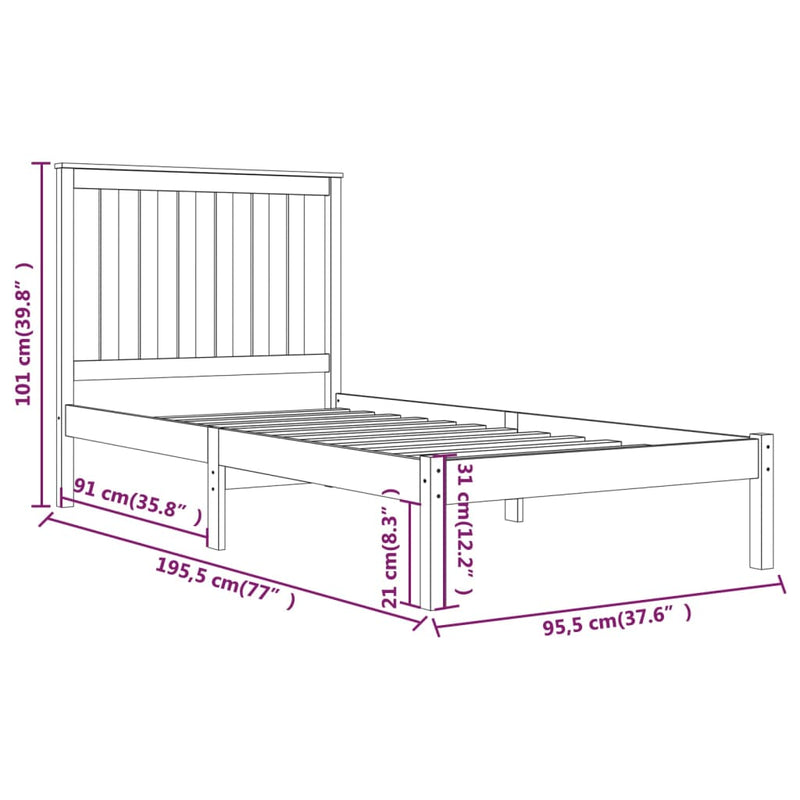 Sengeramme hvit heltre furu 90x190 cm 3FT Single