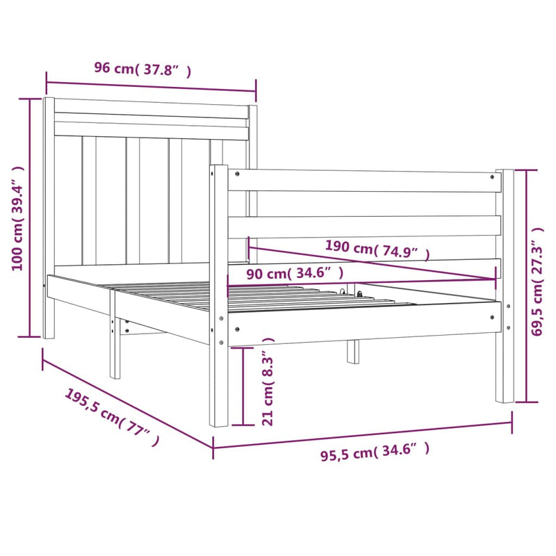 Sengeramme hvit heltre 90x190 cm 3FT Single