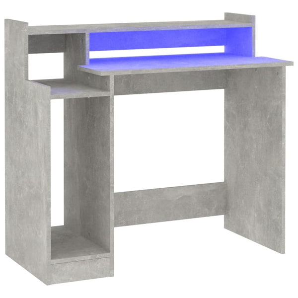 Skrivebord med LED-lys betonggrå 97x90x45 cm konstruert tre