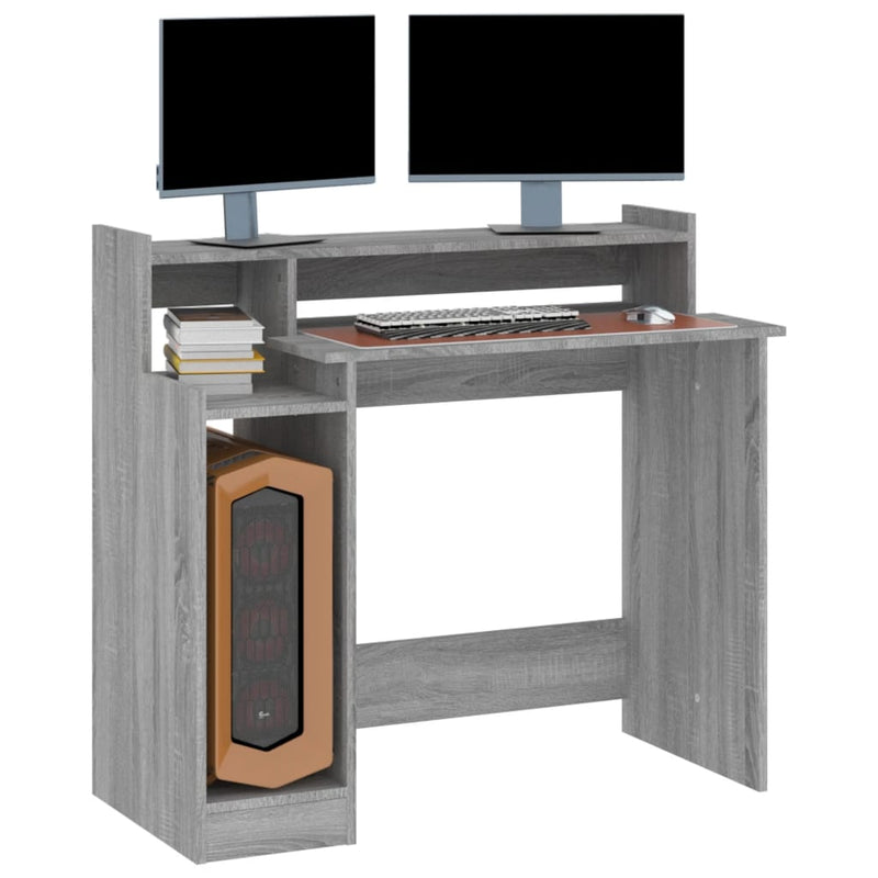 Skrivebord med LED-lys grå sonoma 97x90x45 cm konstruert tre