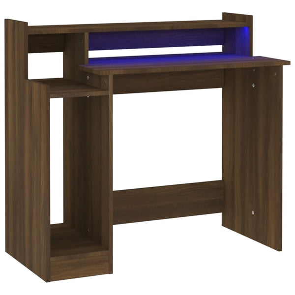 Skrivebord med LED-lys brun eik 97x90x45 cm konstruert tre