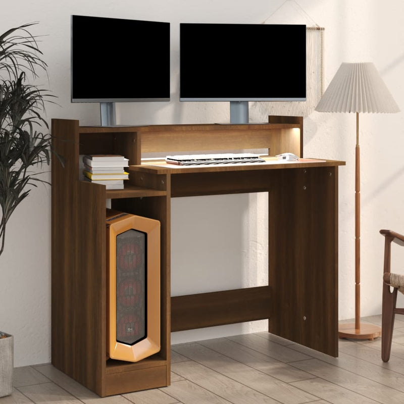 Skrivebord med LED-lys brun eik 97x90x45 cm konstruert tre