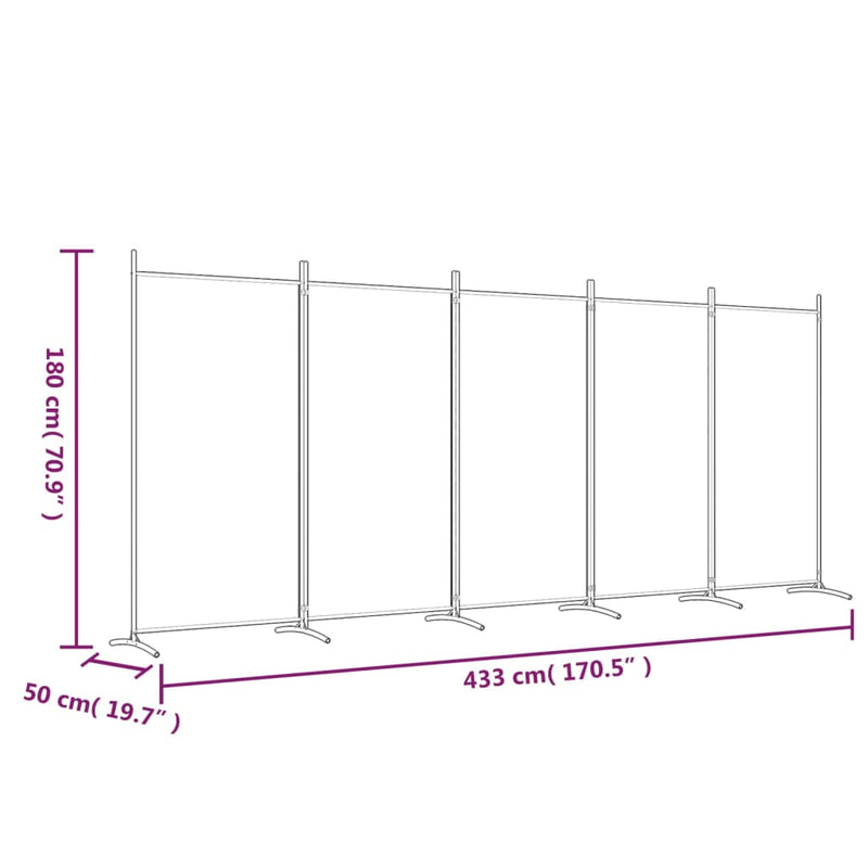 Romdeler med 5 paneler brun 433x180 cm stoff