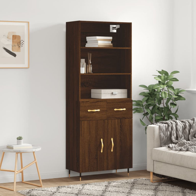 Highboard brun eik 69,5x34x180 cm konstruert tre