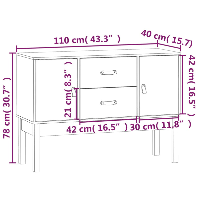 Skjenk hvit 110x40x78 cm heltre furu