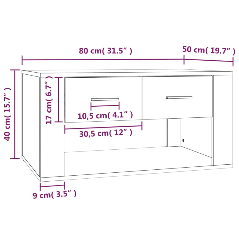 Salongbord hvit 80x50x40 cm konstruert tre