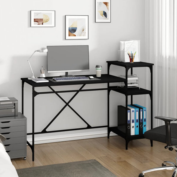 Skrivebord med hyller svart 135x50x90 cm konstruert tre og jern