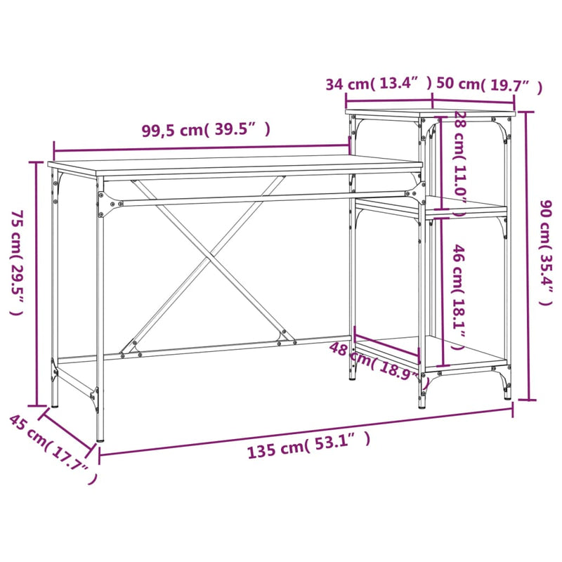 Skrivebord med hyller brun eik 135x50x90 cm konstruert tre jern