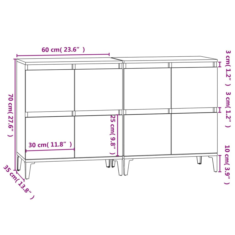 Skjenker 2 stk høyglans hvit 60x35x70 cm konstruert tre