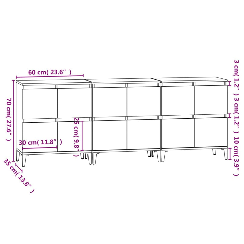 Skjenker 3 stk høyglans hvit 60x35x70 cm konstruert tre