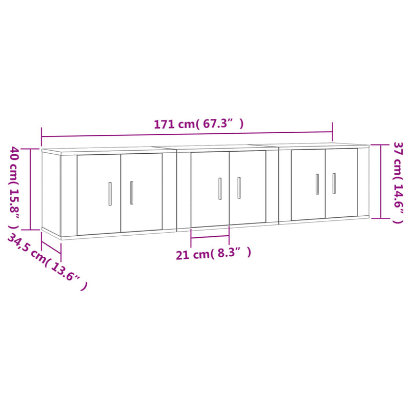 Vegghengte TV-benker 3 stk brun eik 57x34,5x40 cm