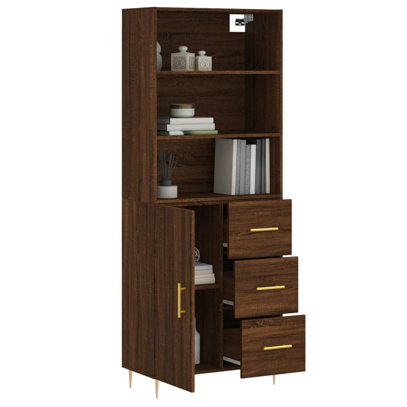 Highboard brun eik 69,5x34x180 cm konstruert tre