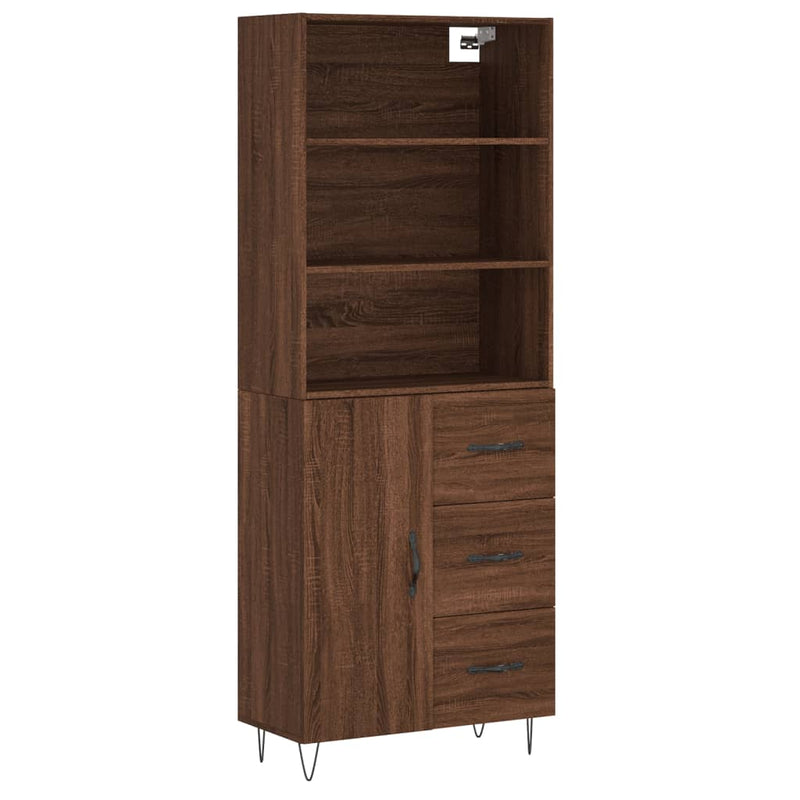 Highboard brun eik 69,5x34x180 cm konstruert tre