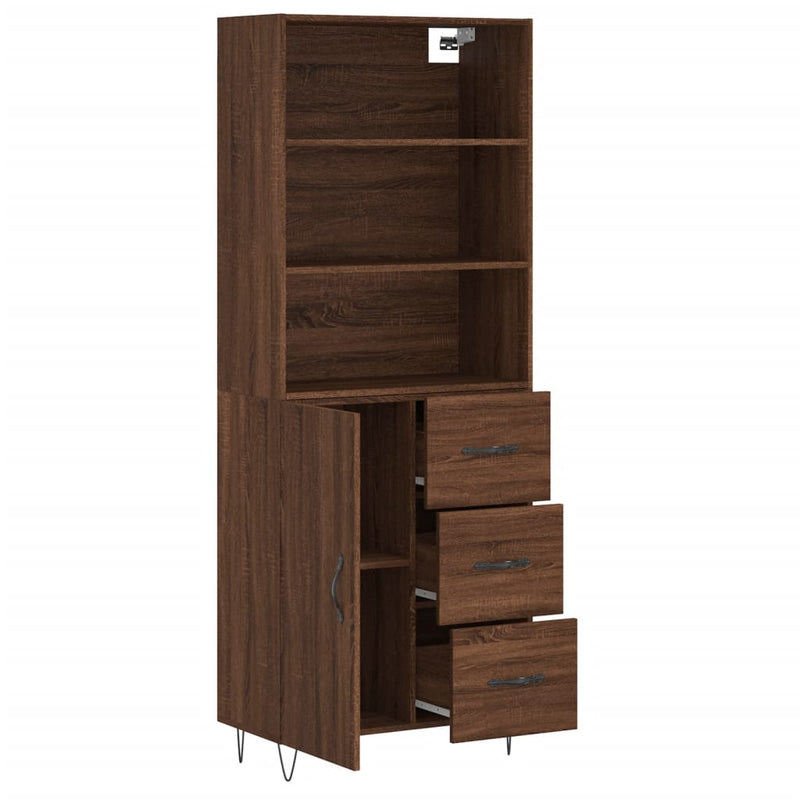 Highboard brun eik 69,5x34x180 cm konstruert tre