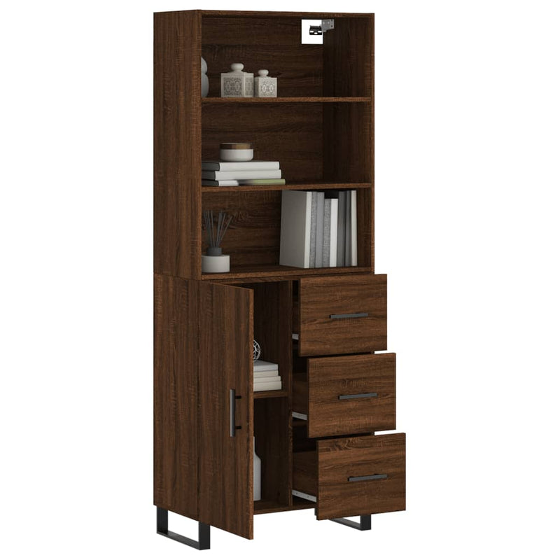 Highboard brun eik 69,5x34x180 cm konstruert tre